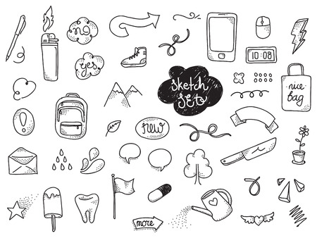 Doodles set. Hand drawn funny vector elements.のイラスト素材