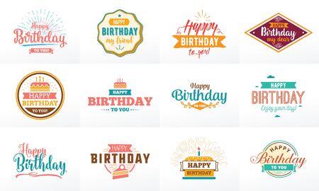 Happy Birthday typographic set. Vector design for greeting cards, print and cloths. Isolated lettering compositions.のイラスト素材
