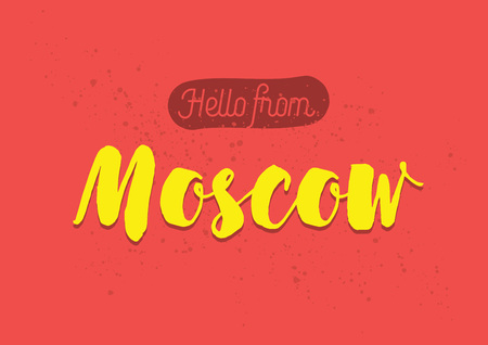 Hello from Moscow, Russia. Greeting card with typography, lettering design. Hand drawn brush calligraphy, text for t-shirt, post card, poster. Isolated vector illustration.のイラスト素材