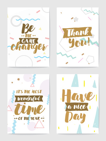 Creative cards with inspirational quotes on abstract geometric backgrounds. Trendy hipster style. Motivational text. Usable for greeting cards, invitations, poster, sticker, planner or coverのイラスト素材