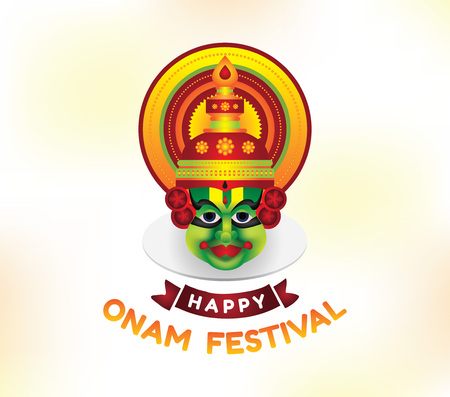 Happy Onam background. Traditional festival in Kerala, South India. Vector illustration with typography. Usable as greeting card, poster, sale banner.のイラスト素材
