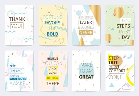 Set of cards with inspirational quotes on abstract geometric backgrounds with hand drawn elements. Typographyのイラスト素材