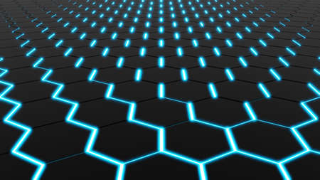 Abstract geometric hexagon blue neon light background. 3D rendering illustrationの写真素材