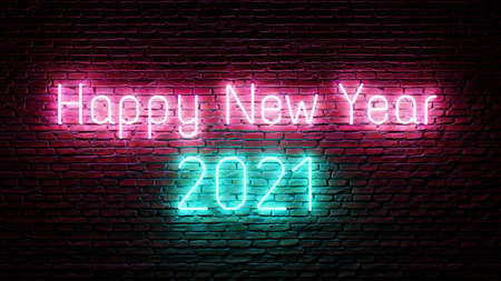 New Year 2021 neon sign creative design concept on brick background. 3D rendered illustration
