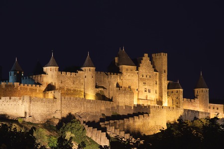 Castle of Carcassonne at night, Franceのeditorial素材