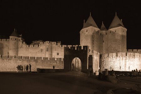 Famous castle of Carcassonne at night, Franceのeditorial素材