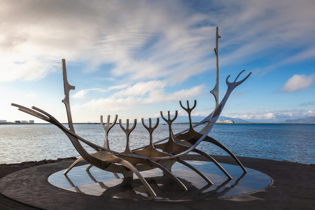 REYKJAVIK, ICELAND -   JUNE 28, 2014: Sun Voyager monument  is located by the sea in the center of Reykjavik,  designed by Jon Gunnar Arnasonのeditorial素材