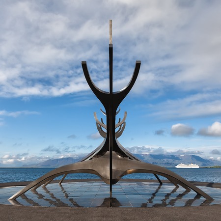 REYKJAVIK, ICELAND -   JUNE 28, 2014: Sun Voyager monument  is located by the sea in the center of Reykjavik,  designed by Jon Gunnar Arnasonのeditorial素材
