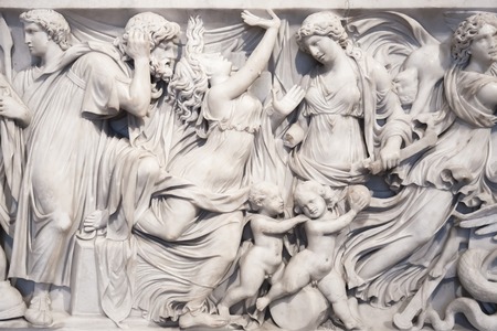 BERLIN, GERMANY - MARCH 05, 2013: Close-up of Medea Sarcophagus 140 BCE in the Altes Museum. Along with other museums on Museum Island, Altes Museum was designated UNESCO in 1999のeditorial素材