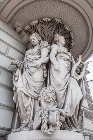 Detail of an old house with sculptures in St. Petersburg, Russiaの写真素材