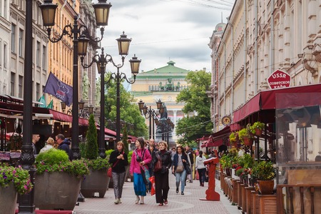 SAINT PETERSBURG, RUSSIA JULY 09, 2016: Tourists walk on pedestrian street in the center of St. Petersburg on Malaya Sadovaya, many street cafesのeditorial素材