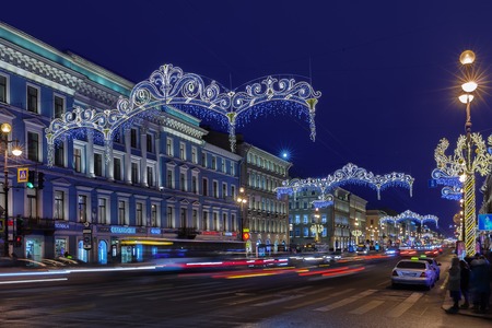 ST. PETERSBURG, RUSSIA - DECEMBER 21, 2016: Nevsky Prospect at night Christmas illumination. It is the main street in Saint Petersburgのeditorial素材