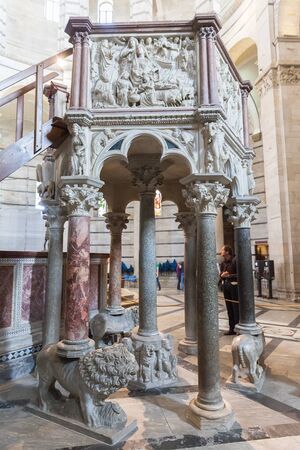 Pisa, Italy - April 07, 2017: The pulpit of Nicola Pisano in the Pisa John in the Piazza dei Miracoli near the Duomoのeditorial素材