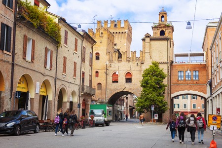 Ferrara, Italy â April 05, 2017: Tourists are walking in the center of Ferraraのeditorial素材