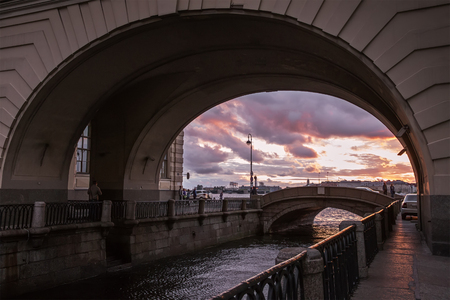 Winter Canal in St. Petersburg at sunset, Russiaの写真素材