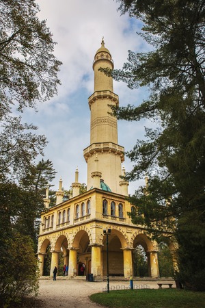 Lednice, Czech Republic â€“ October 28, 2018: The Minaret in the garden of Lednice Palace in...