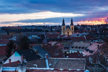 Sunset of Eger city, Hungary from aboveのeditorial素材