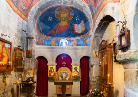Mtskheta, Georgia - May 27, 2019: Interior of Jvari Monastery. 6-th century Georgian Orthodox...