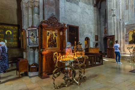 Mtskheta, Georgia - May 27, 2019: Interior of Samtavro Transfiguration Orthodox Church and Monastery...