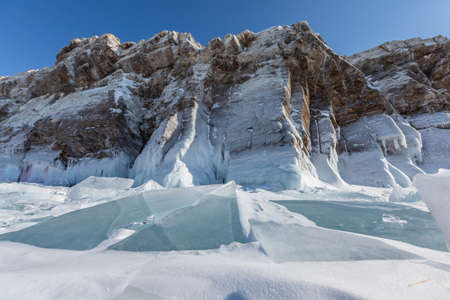 Ice hummocks on Lake Baikal near Olkhon Island on a sunny winter day. Siberia, Russiaの写真素材