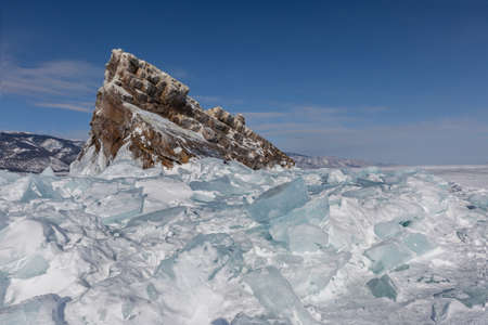 Ice hummocks on Lake Baikal near Olkhon Island on a sunny winter day. Siberia, Russiaの写真素材