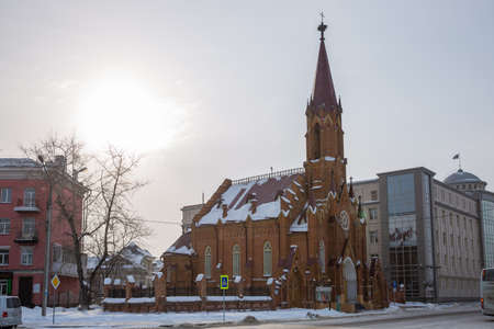 Russia, Irkutsk - February 21, 2021: Organ Hall, Irkutsk Regional Philharmonic, Roman Catholic Polish Church, Siberiaのeditorial素材