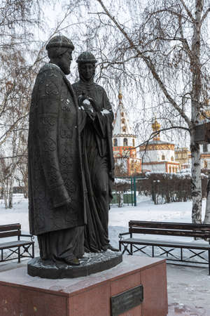 Russia, Irkutsk - February 21, 2021: Monument to Peter and Fevronia of Murom, Square of Spasskaya Churchのeditorial素材
