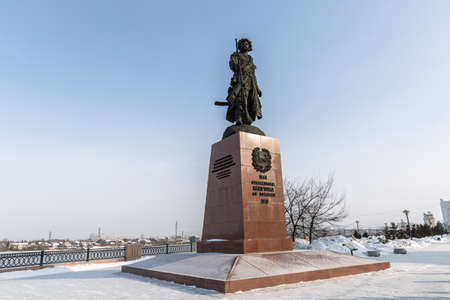 Russia, - February21, 2021: Monument to the Founders of Irkutsk on the banks of the Angara Riverのeditorial素材
