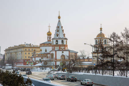 Russia, Irkutsk - February 21, 2021: View of the Cathedral of the Epiphany (1718 year of Foundation) in Irkutskのeditorial素材