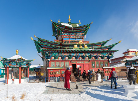 Russia, Ulan-Ude - February 27, 2021: Ivolginsky Buddhist datsan monastery near Ulan-Ude city in Buryatiaのeditorial素材
