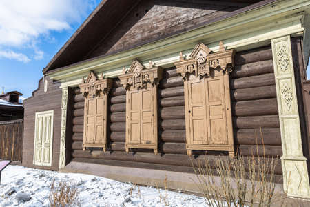Old wooden houses with carvings of Ulan-Ude, Russiaの写真素材
