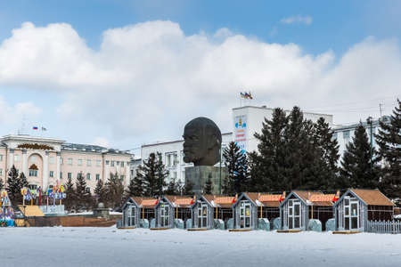 Russia, Ulan-Ude - February 27, 2021: Monument to Vladimir Lenin located in the center of Ulan-Ude, the largest head monumentのeditorial素材