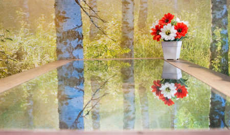 Flowers in white plastic vase with the reflection from glassの写真素材