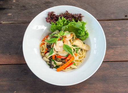 Seafood spicy stir-fried spaghetti, Drunken noodleの写真素材