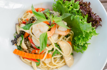 Seafood spicy stir-fried spaghetti, Drunken noodleの写真素材