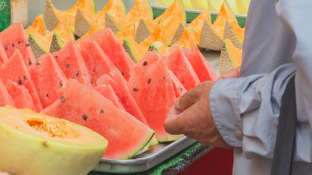 watermelon and melon selling in Ameyoko market, tokyo, japan, selective focusの写真素材
