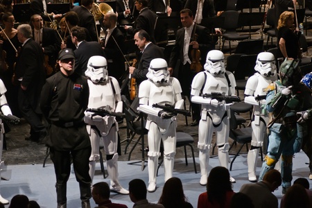 MALAGA, SPAIN - FEBRUARY 25: Star Wars Storm Troopers in a concert in Cervantes theater on February 25, 2012 in Malaga, Spain. のeditorial素材