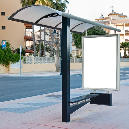 Empty white billboard at bus stopの写真素材