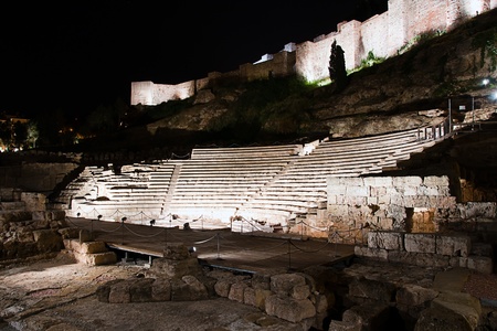 Old Roman theater in Malaga, Spain at night のeditorial素材