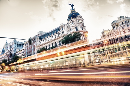 MADRID - SEPTEMBER 08: view of Gran Via street, Metropolis buiding on September 08, 2013 in Madrid, Spain. It is most important avenues at cityのeditorial素材
