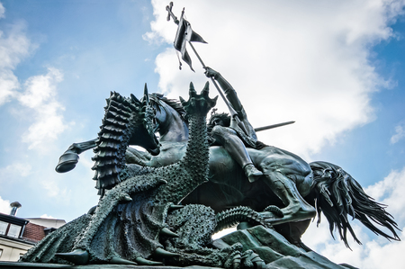 BERLIN, GERMANY - SEPTEMBER 21: Saint George Fighting the Dragon, Statue located on Nikolai Quarter on September 21, 2013 in Berlin, Germany. のeditorial素材