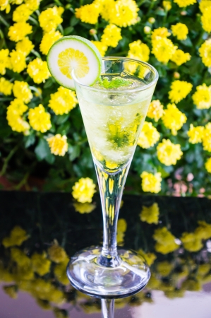 yellow cocktail with a slice of limeの写真素材
