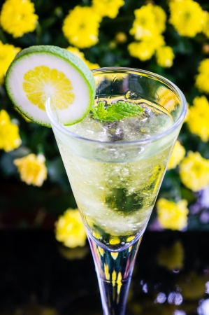 yellow cocktail with a slice of limeの写真素材