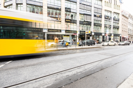 BERLIN, GERMANY - SEPTEMBER 18: typical yellow tram on September 18, 2013 in Berlin, Germany. The tram in Berlin is one of the oldest tram systems in the world.のeditorial素材