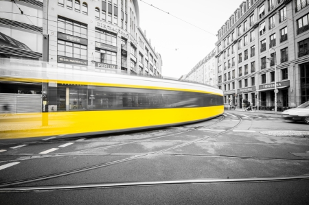 BERLIN, GERMANY - SEPTEMBER 18: typical yellow tram on September 18, 2013 in Berlin, Germany. The tram in Berlin is one of the oldest tram systems in the world.のeditorial素材