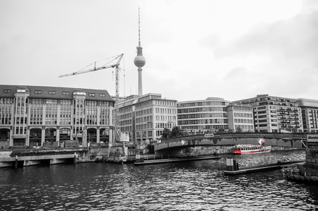 BERLIN, GERMANY - SEPTEMBER 20: Spree river and Tv Tower view on September 20, 2013 in Berlin, Germany. のeditorial素材