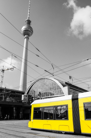 BERLIN, GERMANY - SEPTEMBER 21: typical yellow tram on September 21, 2013 in Berlin, Germany. The tram in Berlin is one of the oldest tram systems in the world.のeditorial素材