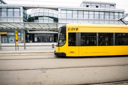 DRESDEN, GERMANY - SEPTEMBER 22: tram with passengers on September 22, 2013 in Dresden, Germany. The municipal company (DVB) operates twelve routes on a 200 km network. のeditorial素材