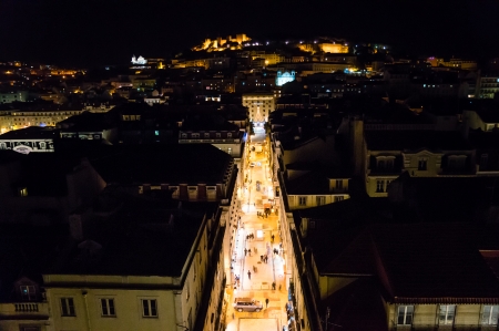 LISBOA, PORTUGAL - NOVEMBER 27: Lisbon at night, view from Santa Justa elevator on November 27, 2013 in Lisbon, Portugal. The elevator was built by Raoul Mesnard in 1902.のeditorial素材