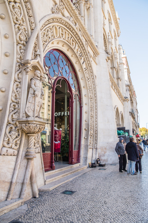 LISBOA, PORTUGAL - NOVEMBER 28: Rossio Lisbon central station, main entrance on November 28, 2013 in Lisbon, Portugal. It was designed between 1886 and 1887 by Portuguese architect José Luís Monteiro.のeditorial素材